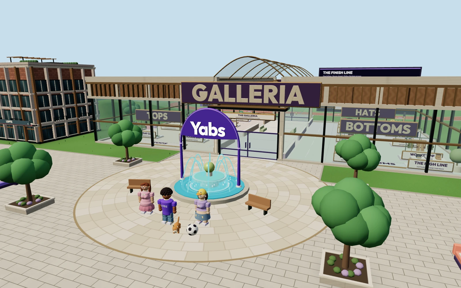The fountain and curved Yabs sign in Central Plaza, with the Galleria and landscaped paths beyond