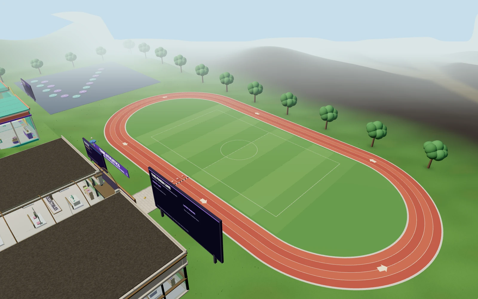 The running track in Yabs with its lanes and finishing scoreboard
